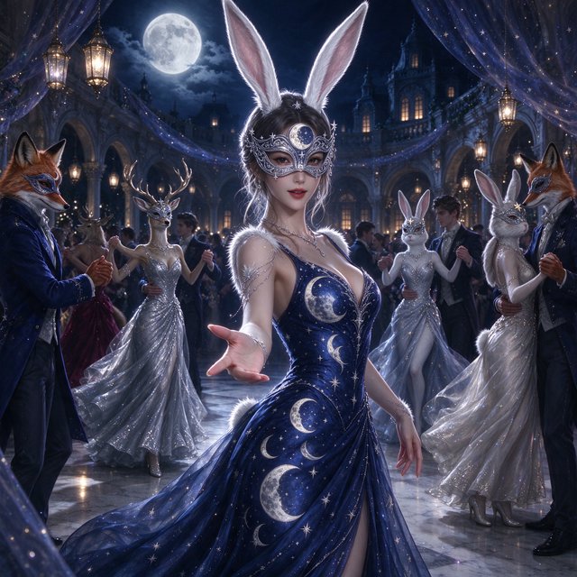 Create the most glamorous and mysterious midnight masked-ball scene, where various alluring anthropomorphic animals, such as foxes, deer, and rabbits, pose and dance under the moon. They wear moon-themed masks. In the middle foreground stands the most exquisite, alluring human-rabbit hybrid, with long white rabbit ears, a pulchritudinous East Asian face, an hourglass figure, rabbit-fur features, and human skin blended aesthetically. She wears the most exquisite silk dress with moon patterns and cross-star embroidery. She poses in a beckoning gesture, inviting the viewer to be her dance partner at the masquerade. No speech. — Seedream 5.0 Flash