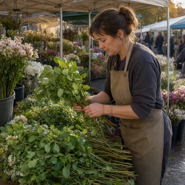 Candid documentary photograph of an adult florist arranging loose stems at an outdoor market stall, soft early-morning side light, 50mm lens with shallow depth of field, tiny water droplets beading on the cut leaves. — Qwen Image 3.0