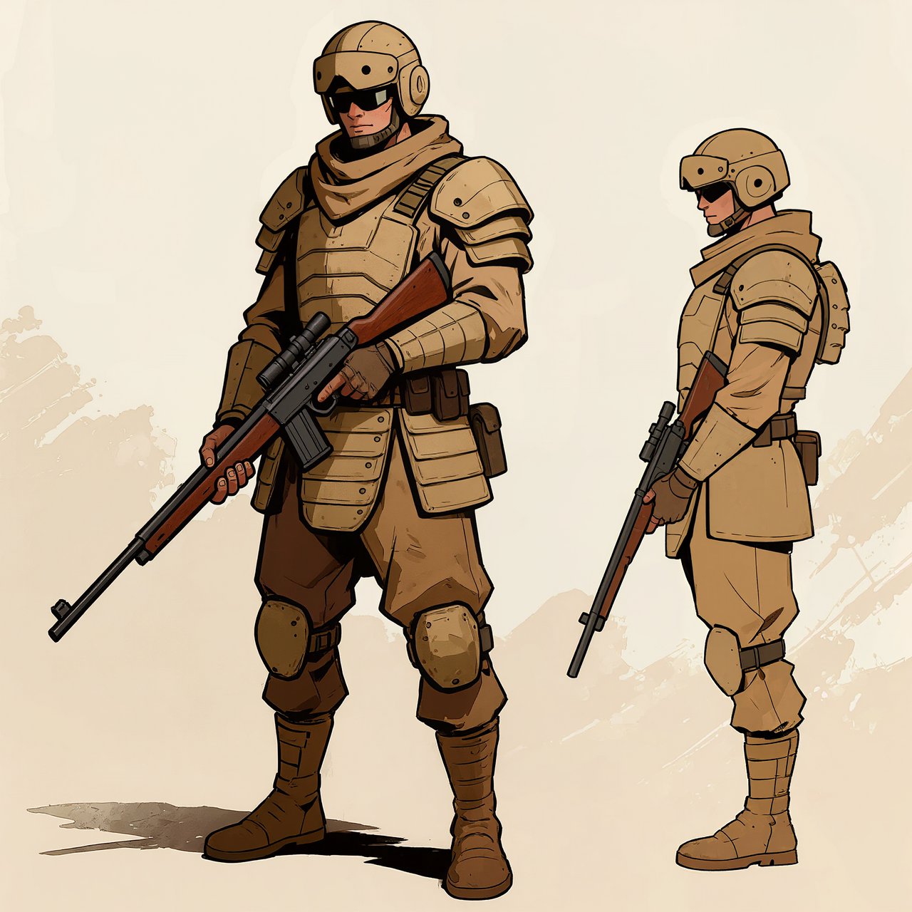 Character design sheet of a desert ranger in layered sand-coloured armour with a long rifle, front and side view, neutral background. — Kling v3