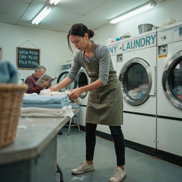 Candid documentary photograph of an adult laundromat attendant sorting warm clothes beside humming machines, cool fluorescent light, 50mm lens with moderate depth of field, loose lint clinging to a blue towel and faint condensation on the glass doors. — Ideogram v4