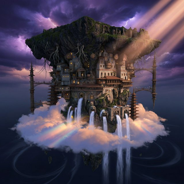 A colossal cliffside monastery hangs beneath a floating island, its waterfalls falling into luminous cloud seas. Bronze bridges connect needle towers, while dawn rays pierce violet storms and tiny windows glow above an endless abyss. — Grok Imagine Image Quality