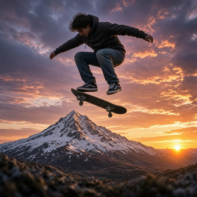 A man wearing a hoodie, jeans, and sneakers rides a skateboard that has taken off the ground. A low angle shows the man on the skateboard up in the air at high speed, with a snow-capped peak in the background beneath a setting sun in the evening sky. — Grok Imagine Image 2