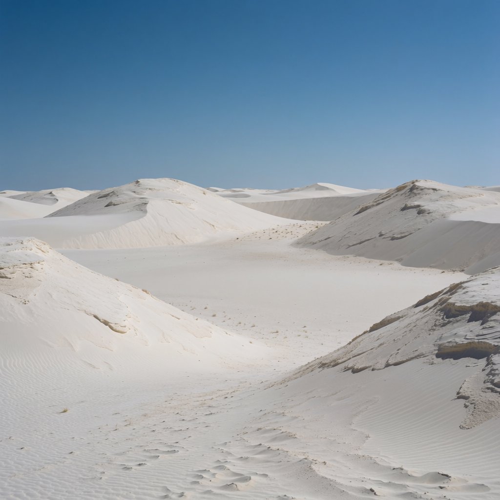 A pale gypsum dune field beneath a wind-brushed, cloudless midday sky, fine sand streaming over steep ridges; delicate ripple patterns and scattered salt-tolerant grasses sharpen the foreground as dunes soften toward a distant basin. — Krea 2 Medium