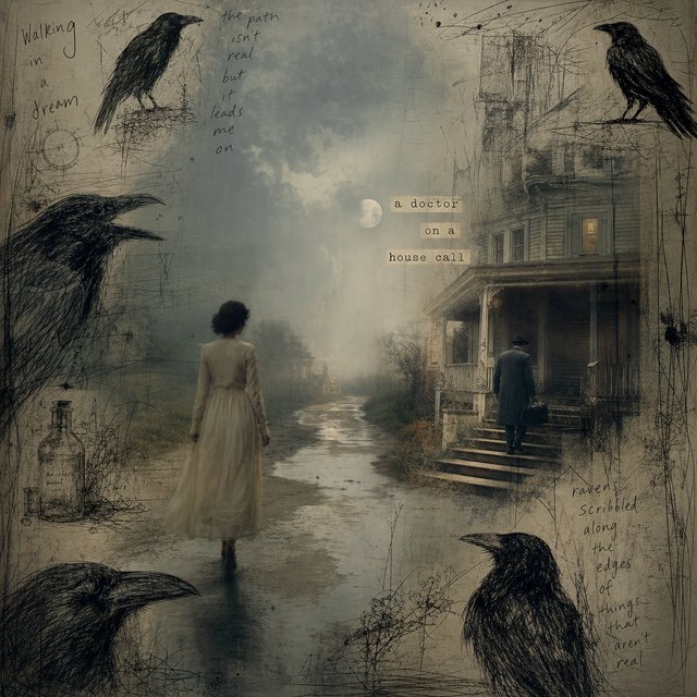 Walking in a dream, with ravens scribbled along the edges, a doctor on a house call — GPT Image 2