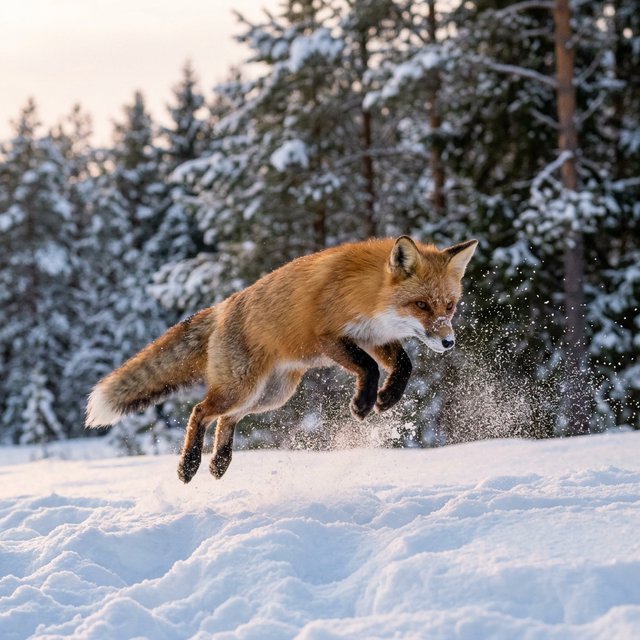 A red fox springs through powdery snow at the edge of a pine forest, ears forward and paws suspended. A real-world wildlife telephoto photograph in pale dawn light, 300mm lens, with snow crystals frozen midair. — Model 15