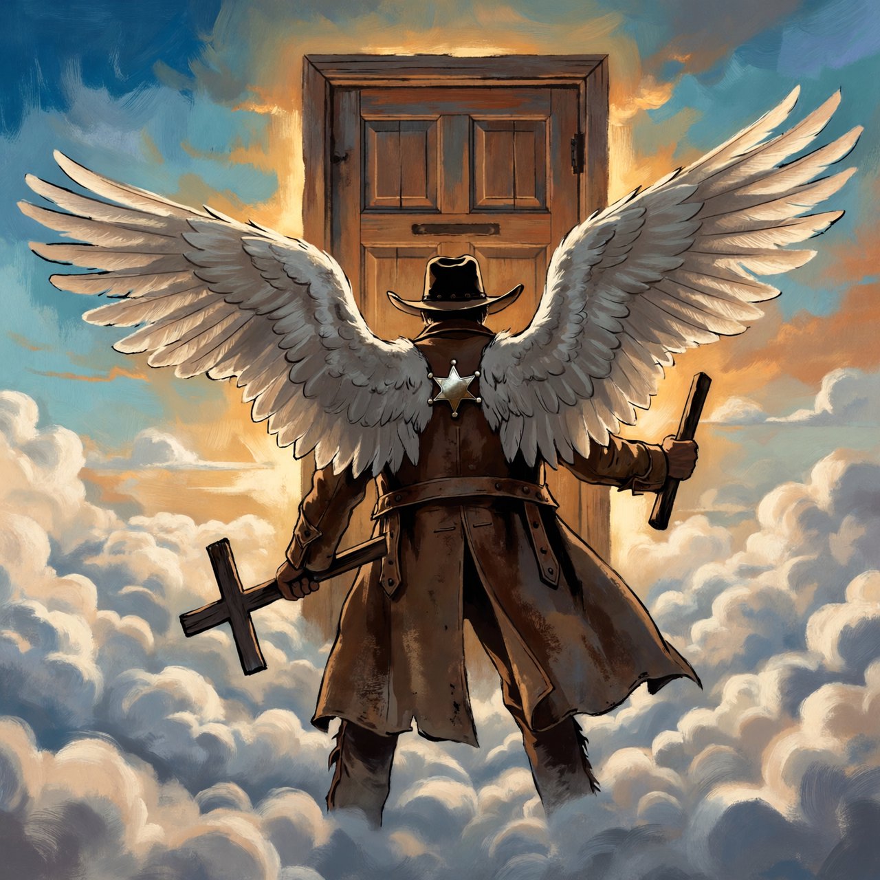 Create a painted image of a frontier lawman in heaven, facing away from the camera with angel wings. He is standing on a ground made of clouds, with a door in front of him. Holding a cross, he uses it to knock on the door. — ImagineArt 2