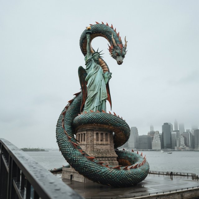 A dragon sleeping on the Statue of Liberty on a moody, overcast day. — Ideogram v4