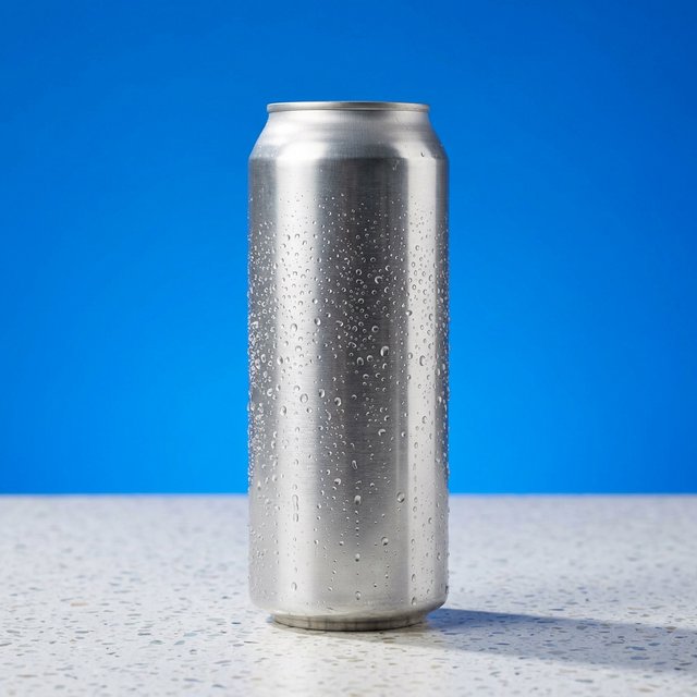 A slim, unbranded sparkling-water can of brushed aluminum, beaded with condensation, stands on a pale terrazzo surface against a seamless electric-blue background; broad overhead diffusion and a crisp side strip create clean highlights, with no lettering or graphics. — Nano Banana 2.1