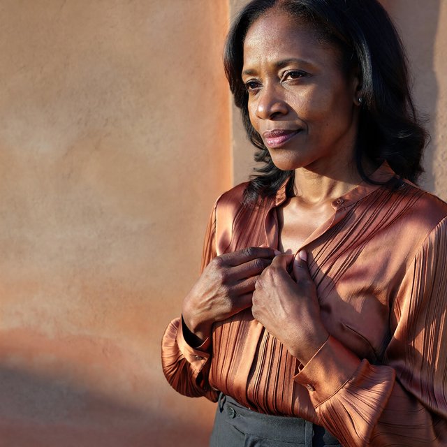 Portrait of an adult Black woman in her 50s wearing a pleated copper satin blouse and tailored charcoal trousers, her hands gently holding the blouse fabric, calm half-smile, warm plaster backdrop, late-afternoon window light grazing her face. — ImagineArt 1.5 Pro
