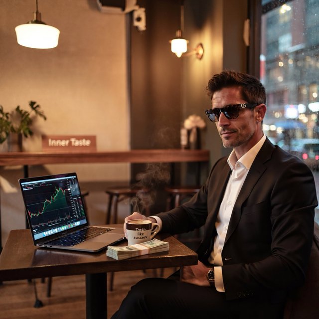 Realistic, a man wearing a black suit and cool shades with the word “G” on them, sitting near a table in a friendly coffee shop with the words “Inner Taste” displayed in the shop, coffee on the table, a coffee cup with the words “Taste like success,” a stack of money on the table, a high-end laptop displaying a successful trade, and rain pouring outside. The vibe is calm and chill. — ImagineArt 2