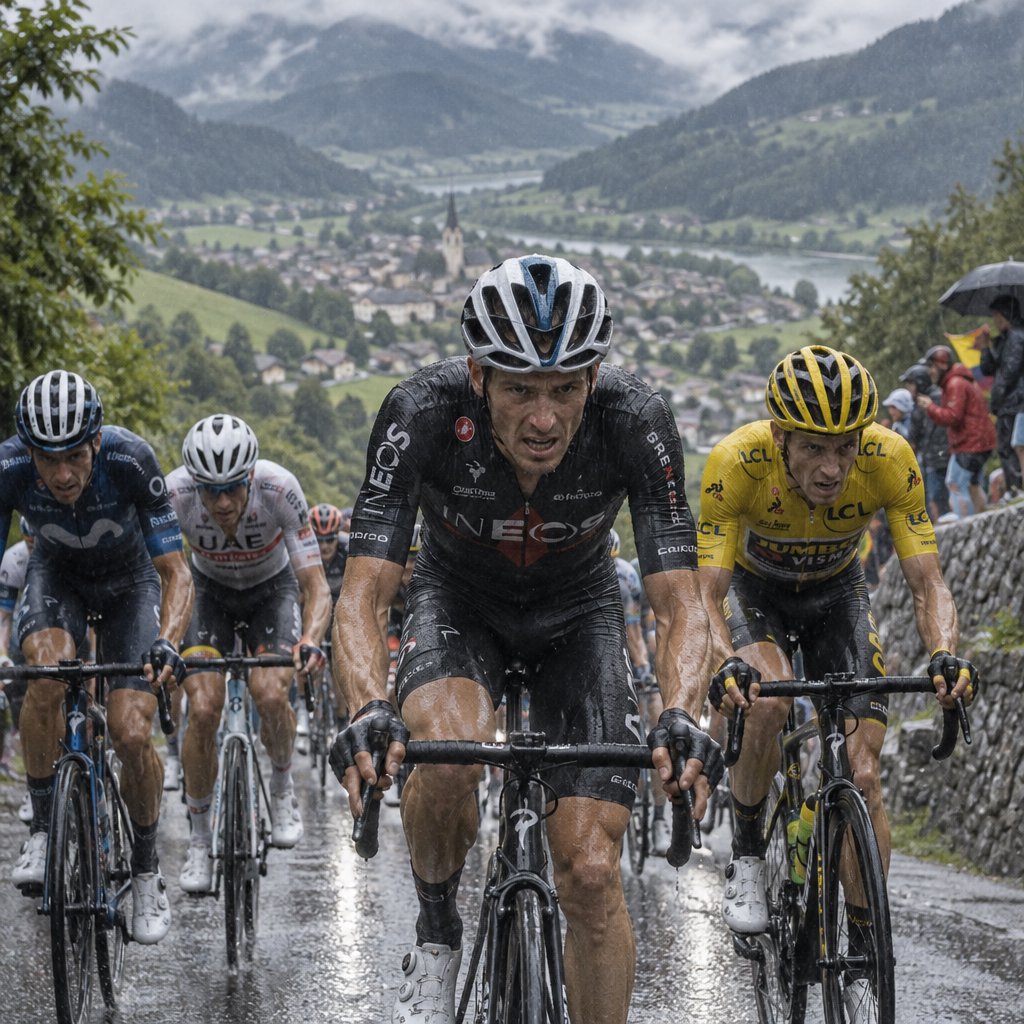 A frontal, close-up shot of a field of competitive cyclists ascending a mountain in the rain. In the background, we see a lush green valley with a small town. — GPT Image 2.5 Sunburst