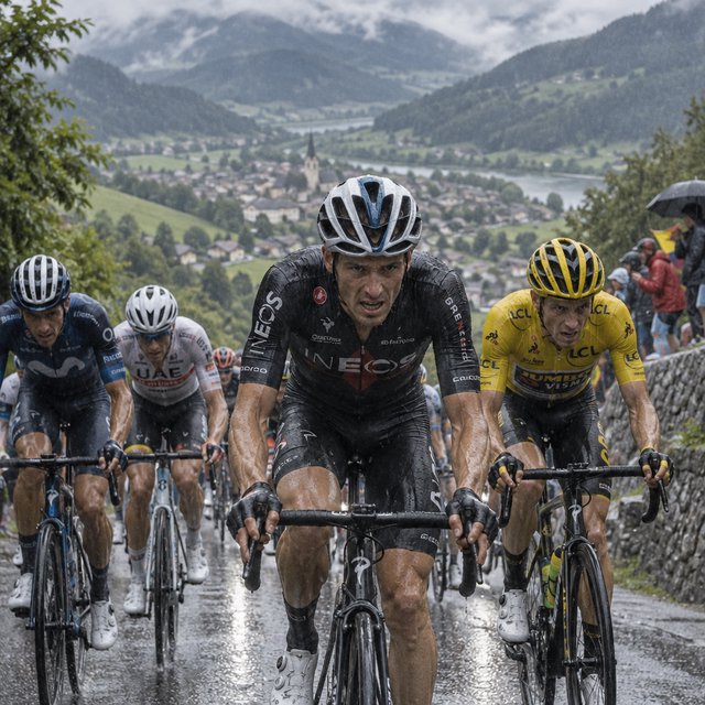 A frontal, close-up shot of a field of competitive cyclists ascending a mountain in the rain. In the background, we see a lush green valley with a small town. — GPT Image 2.5 Sunburst
