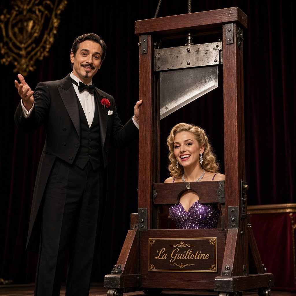 Well dressed stage magician performs the guillotine illusion using a beautiful glamorous adult female assistant. The smiling confident assistant has her head through the hole in the guillotine device. — Grok Imagine Image 2