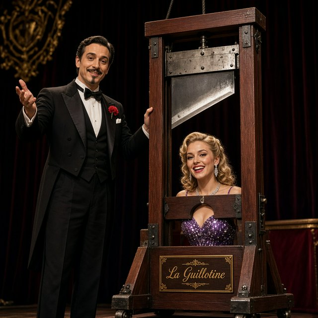 Well dressed stage magician performs the guillotine illusion using a beautiful glamorous adult female assistant. The smiling confident assistant has her head through the hole in the guillotine device. — Grok Imagine Image 2