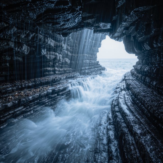 Inside a blue-grey sea cave, incoming swells curl over ribbed limestone beneath a clearing rain squall in late afternoon; wet mineral bands and shell fragments sharpen the entrance ledge, while the cavern mouth frames hazy open water. — Kling v3 Omni