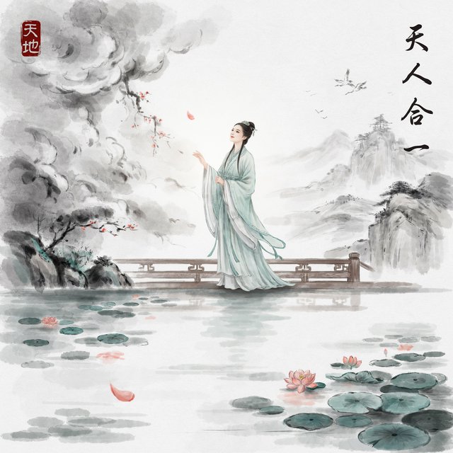 Heaven above, earth below. Ink-painting studio. Chinese painting style. Alluring. Peerless adult beauty. Radiant. — Ideogram v4