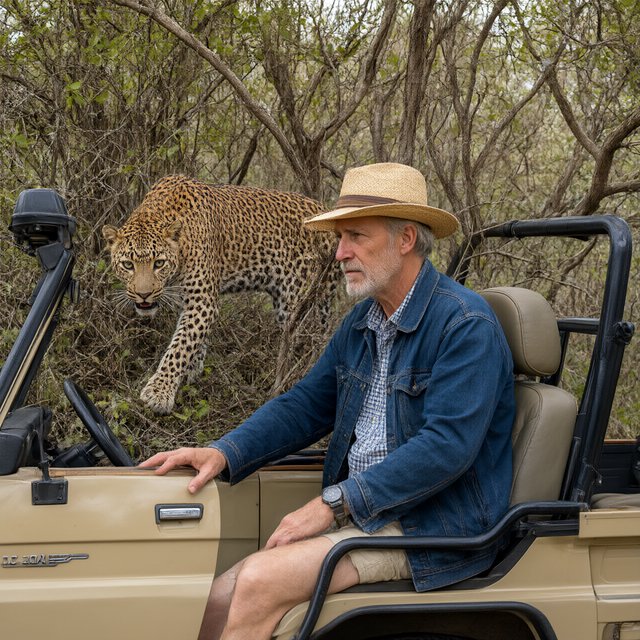 An adult on a jungle safari in his car, with a leopard lurking behind him in the bushes — Qwen Image 3.0