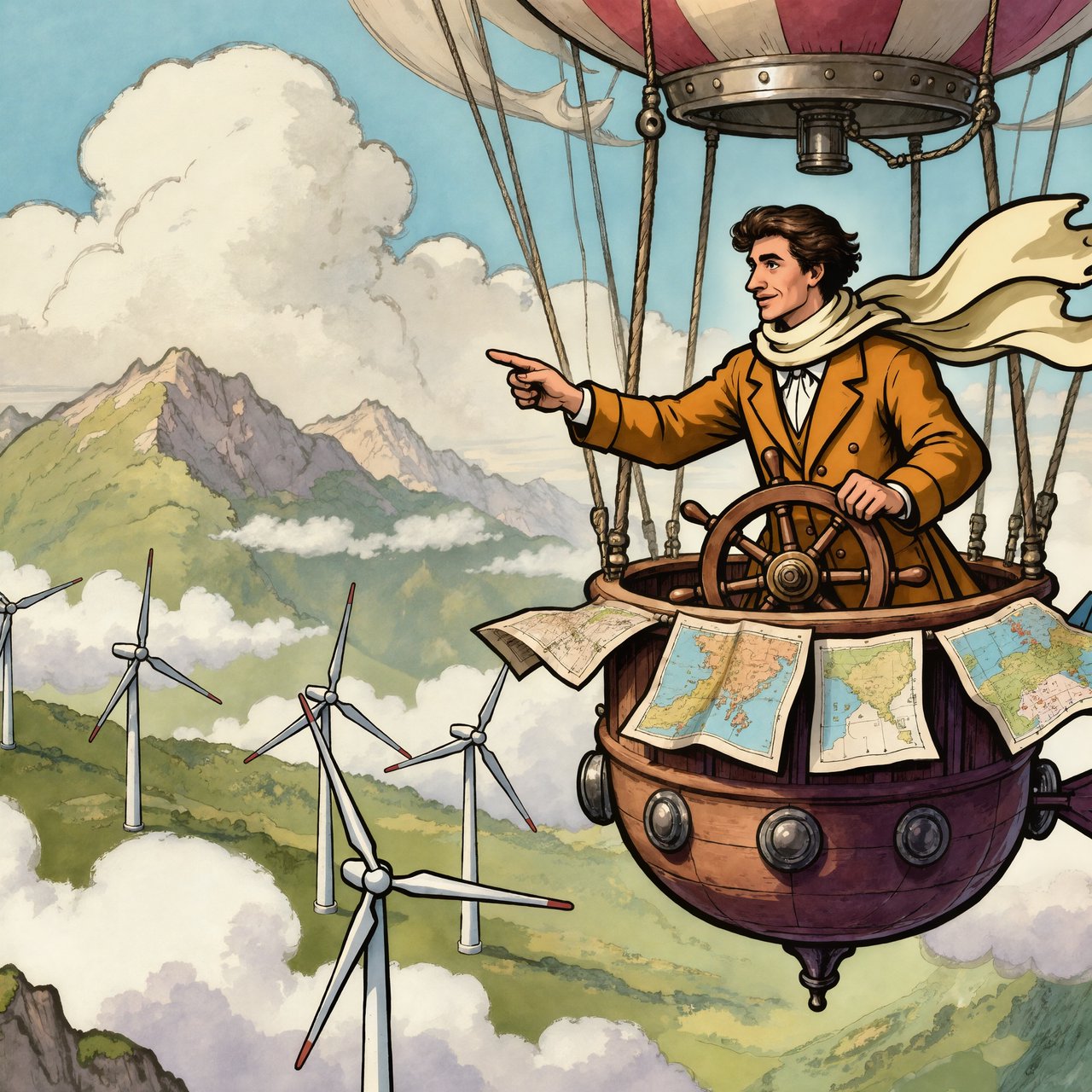 Ink-and-gouache illustration of an adult cartographer steering a small airship above a cloud-filled mountain valley, maps fluttering from the cabin and wind turbines turning below. Palette of emerald, ochre, plum, and cream, with lively linework and atmospheric washes. — Kling v3 Omni