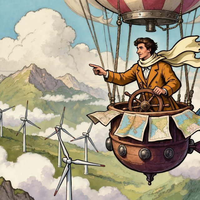 Ink-and-gouache illustration of an adult cartographer steering a small airship above a cloud-filled mountain valley, maps fluttering from the cabin and wind turbines turning below. Palette of emerald, ochre, plum, and cream, with lively linework and atmospheric washes. — Kling v3 Omni