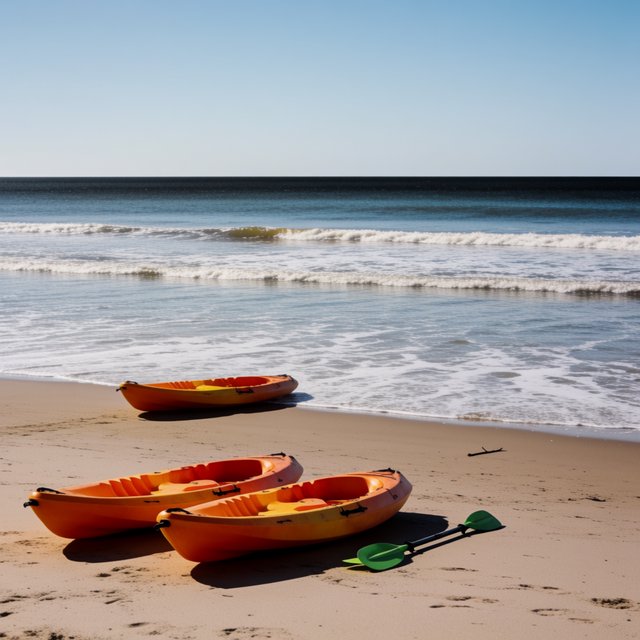 Exactly three orange kayaks rest on a sandy shore: two side by side in the foreground and one behind them near the water. A green paddle lies to the right of the kayaks, nothing else. — Krea 2 Medium