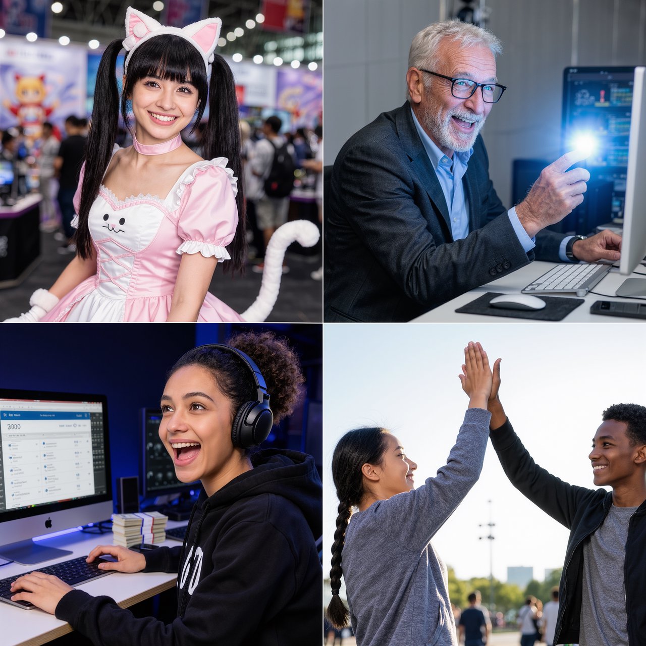 Realistic. Four scenes in one. 1) A pretty Japanese woman, about 19–23 years old, in cat-type cosplay at an anime convention. 2) An old German man or woman, about 60–65 years old, finally having a breakthrough that would change the world. 3) A happy, mixed-race, 21-year-old female or male hacker checking their bank account, which has many zeros, with a bundle of cash near their PC. 4) A happy moment that would make you smile. — Kling v3 Omni