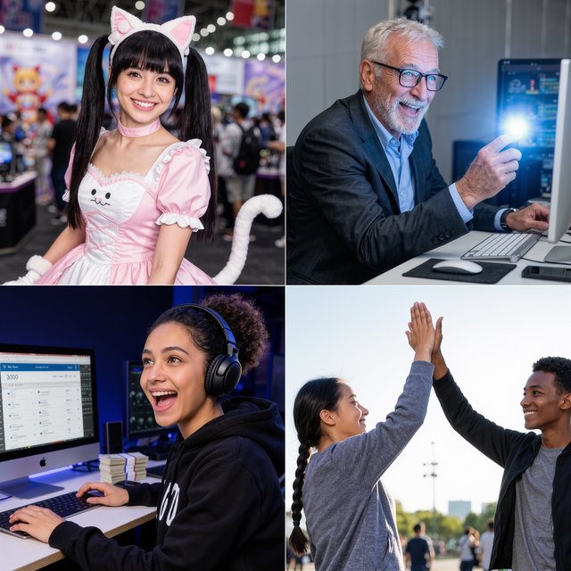 Realistic. Four scenes in one. 1) A pretty Japanese woman, about 19–23 years old, in cat-type cosplay at an anime convention. 2) An old German man or woman, about 60–65 years old, finally having a breakthrough that would change the world. 3) A happy, mixed-race, 21-year-old female or male hacker checking their bank account, which has many zeros, with a bundle of cash near their PC. 4) A happy moment that would make you smile. — Kling v3 Omni