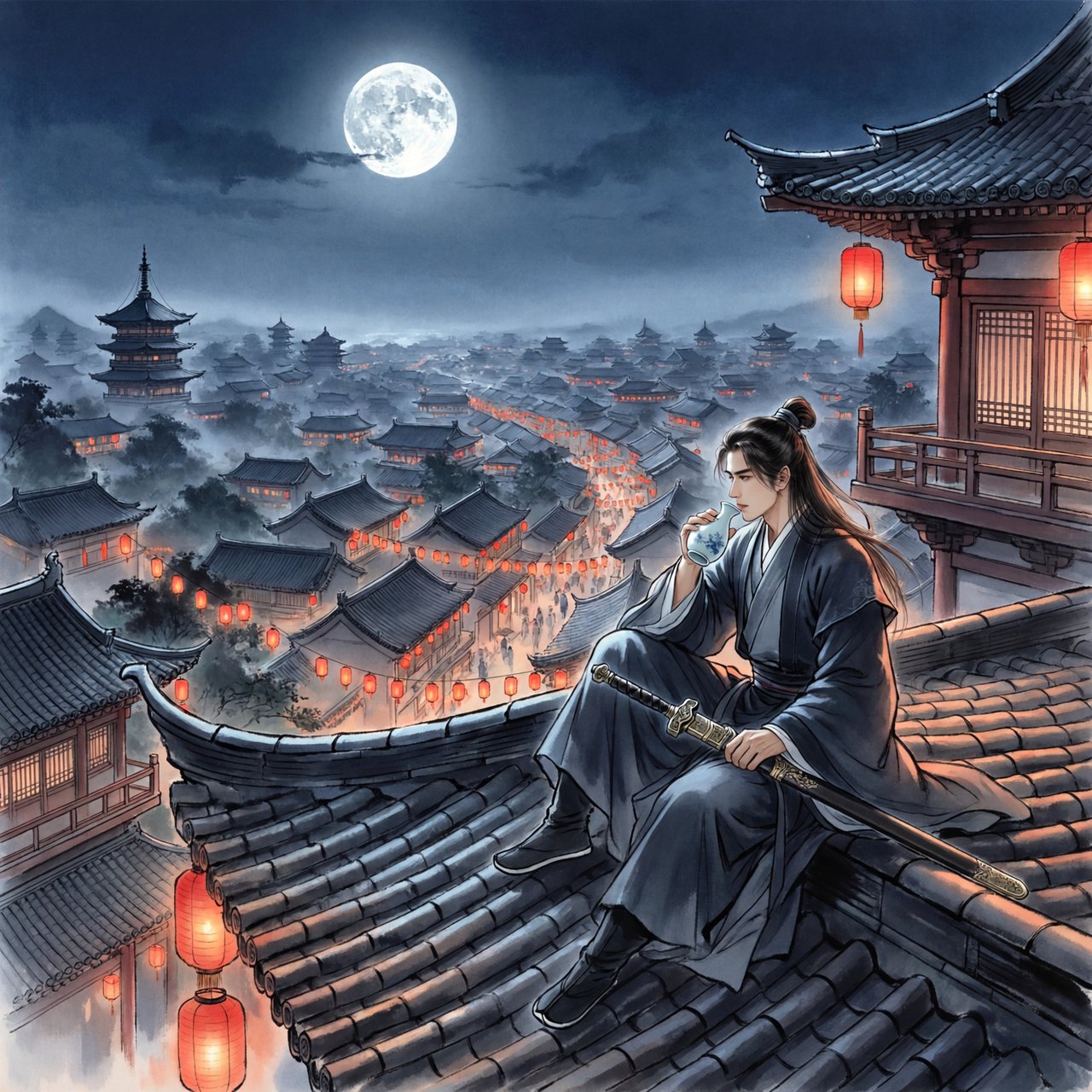 A lone Chinese swordsman sits on a tiled rooftop in ancient China at night, gazing over a lantern-lit city while drinking from a ceramic wine flask, moonlight bathing the quiet scene. — ImagineArt 2