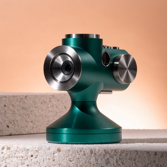 Commercial product photograph of an unbranded compact instant camera in matte forest-green polymer with brushed steel details, resting on a pale concrete surface against a warm peach background, illuminated by broad diffused studio light and a soft rim light. — Recraft v4