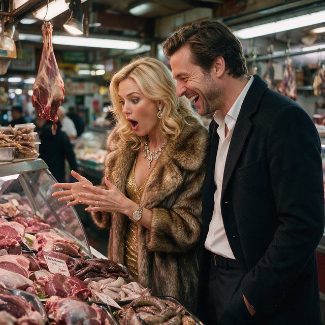 Glamorous adult couple browsing an exotic meat market. The woman has a look of pure surprise at what is on sale. The man just laughs at her reaction! The market is busy and well lit. — Seedream 5.0 Pro