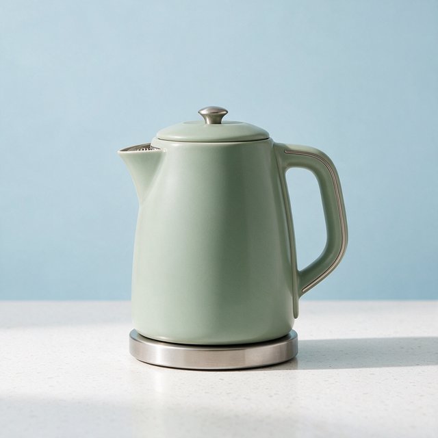 Commercial product photograph of an unbranded electric kettle made from matte sage ceramic and brushed stainless steel, resting on a white terrazzo surface against a pale blue background, with soft window light from the left and a delicate grounding shadow. — Seedream 5.0 Pro