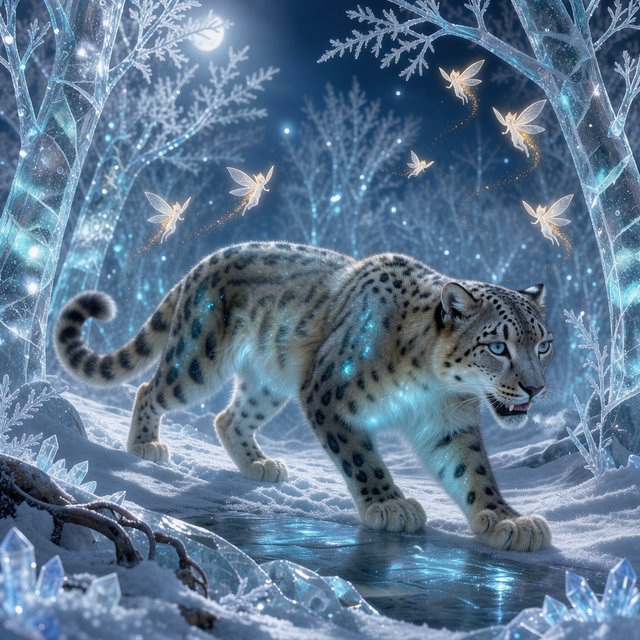 A majestic snow leopard, its fur shimmering with an internal bioluminescent glow, stalks through a frozen, enchanted forest. Crystalline trees with glowing, frost-covered leaves create a magical winter wonderland. Tiny, winged sprites flit between the branches, leaving trails of stardust. The image should capture the essence of a fairytale winter scene with a touch of photorealism, emphasizing the mystical light and the creature's ethereal presence. — Model 1