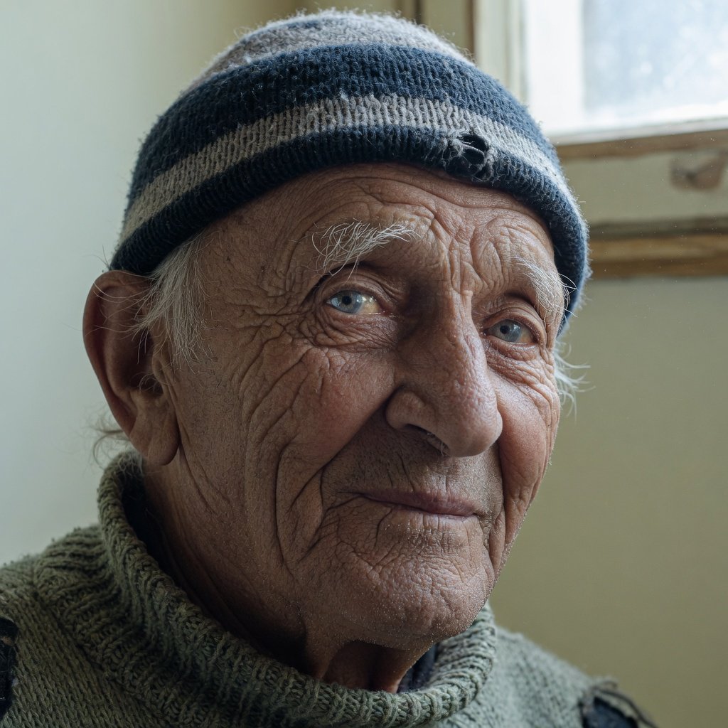 Close-up portrait of an elderly fisherman with deep wrinkles and a knitted cap, catchlights in the eyes, weathered skin texture, soft window light. — Grok Imagine Image Quality
