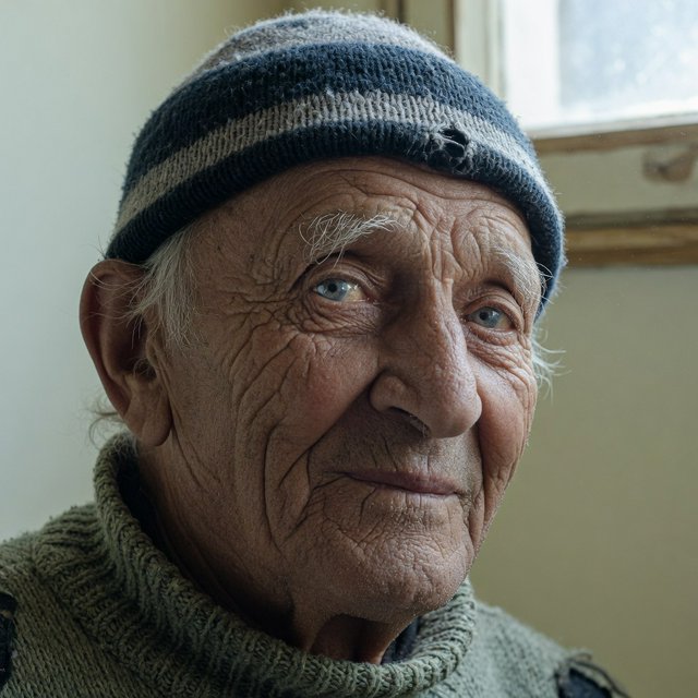 Close-up portrait of an elderly fisherman with deep wrinkles and a knitted cap, catchlights in the eyes, weathered skin texture, soft window light. — Grok Imagine Image Quality