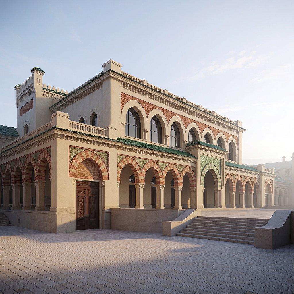 Exterior of a Moorish Revival municipal bathhouse, pale buff stucco, striped brick arches, green glazed tile roof and carved cedar doors; clear morning light, viewed across a paved courtyard, with coherent structure and crisp lines. — Krea 2 Medium