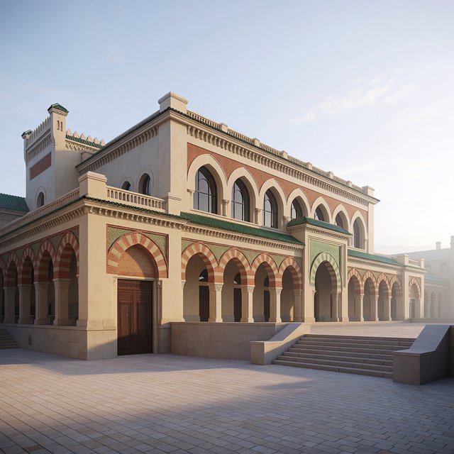 Exterior of a Moorish Revival municipal bathhouse, pale buff stucco, striped brick arches, green glazed tile roof and carved cedar doors; clear morning light, viewed across a paved courtyard, with coherent structure and crisp lines. — Krea 2 Medium