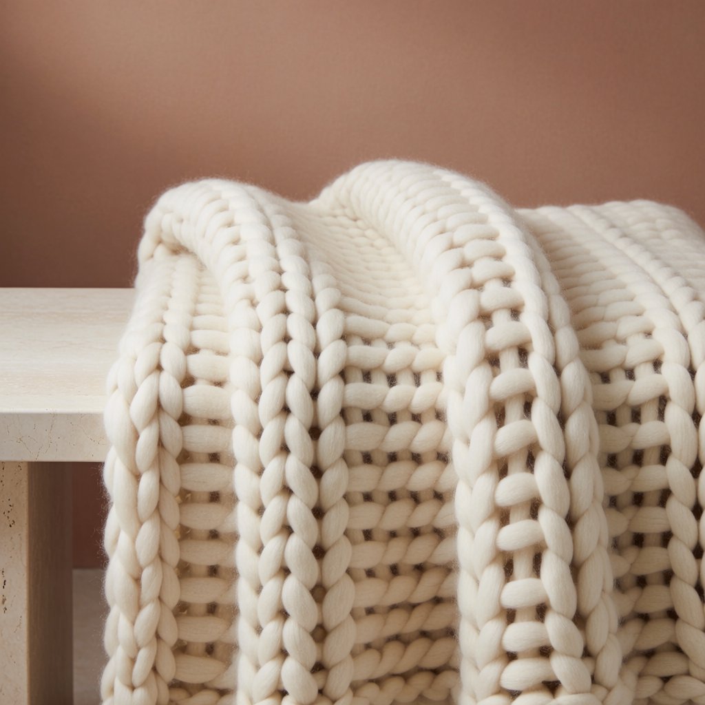 Soft folds of an unbranded chunky-knit wool throw rest on a pale travertine bench; its looped surface catches broad diffused key light and gentle side fill against a muted terracotta studio background, forming a clean commercial product image with no lettering. — Krea 2 Medium
