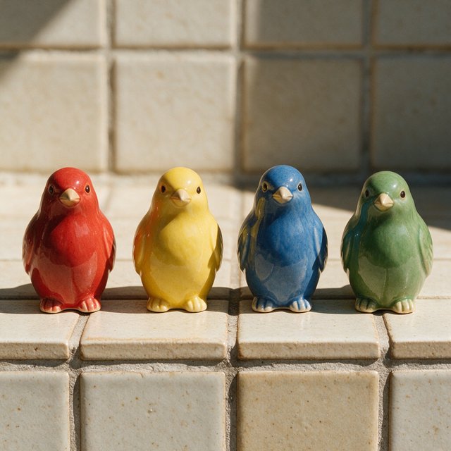 On a sunlit tiled ledge, exactly four ceramic bird figurines form a row: red at far left, yellow at left-center, blue at right-center, and green at far right; all face forward, nothing else. — Seedream 5.0 Pro