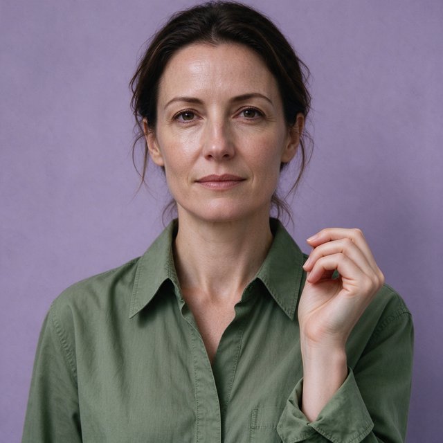 Portrait photograph of an adult woman in her late 30s wearing a moss-green cotton poplin shirt, fingers lightly turning its rolled cuff. Her calm, observant expression faces the camera against a chalky lavender backdrop, lit by soft diffused skylight. — Seedream 5.0 Flash
