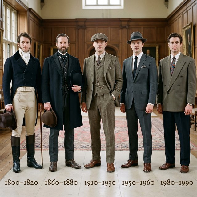 A realistic image only, showing nice outfits worn by adult men from at least 4–6 different eras. Mention the time range for each era. — Nano Banana 2.1