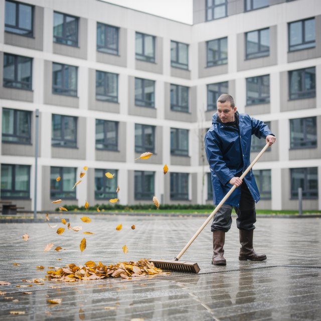 Candid documentary photograph of an adult groundskeeper sweeping damp leaves from an apartment courtyard, pale overcast morning light, 35mm lens with moderate depth of field, a few leaves caught midair in motion blur. — Kling v3 Omni