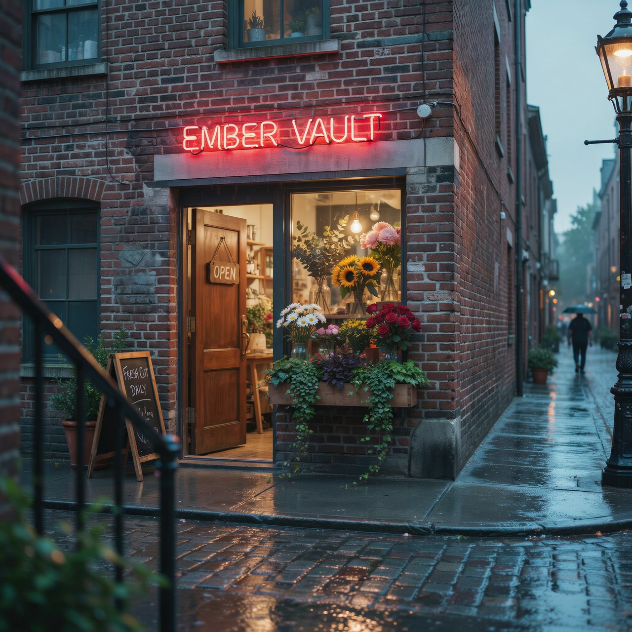 At dusk, a narrow flower shop with rain-dark brick, overflowing window boxes, and warm interior light; the invented name "EMBER VAULT" is rendered in red neon tubing above the entrance, reflected in puddles. — Ideogram v4