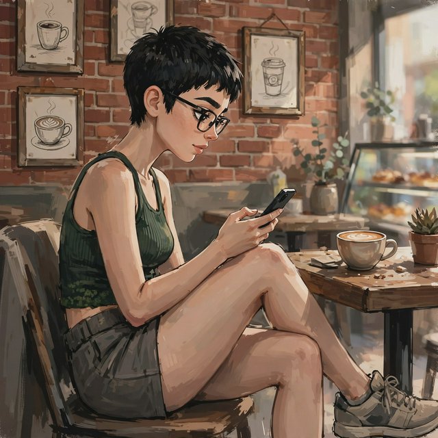 SUBJECT: Side view of a young woman seated at a cafe table, beautiful legs crossed, reading her phone. CHARACTER: 25-year-old woman with an extremely short black pixie cut, all hair under one inch. Stylish glasses, tight dark green ribbed tank top, bare midriff, shorts, comfortable shoes. SETTING: Trendy urban cafe, red brick walls decorated with framed sketches of coffee mugs. STYLE: Stylized semi-realistic digital painting, animation-inspired characters and environments. Expressive faces, large eyes, strong brows, simplified anatomy, convincing 3D volume and depth. Painterly shape-based rendering, minimal outlines, soft blended shading, broad angular brushstrokes. Luminous colors, warm undertones, restrained highlights. Hair and textures rendered in sculpted masses with selective fine detail. Muted charcoal and earthy palette, soft directional light, cohesive shadows, atmospheric depth. Detailed eyes and lips, simplified backgrounds, loose edges, unfinished brushwork. — Model 14