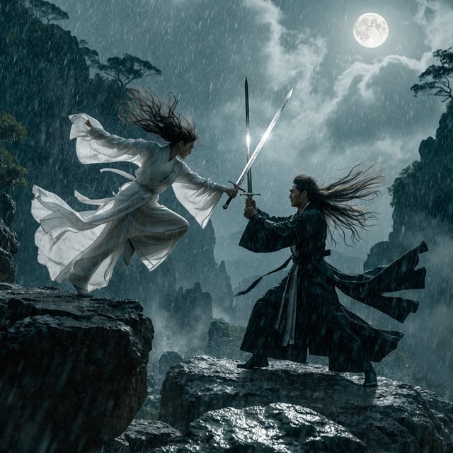 Frontal cinematic shot of two adult martial artists dueling on a cliff at night in ancient China: a female swordswoman in flowing white hanfu is airborne in a dynamic combat pose, thrusting her sword forward, while a male swordsman in traditional Taoist robes firmly parries her attack with his own blade. Moonlit night, wind sweeping their garments and hair, dramatic cliffside setting, tense face-off, elegant wuxia atmosphere, vivid motion, visually striking. — Recraft v4 Pro