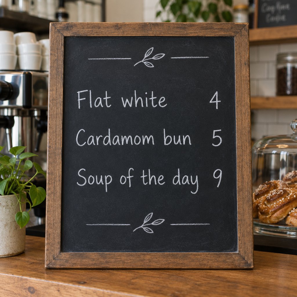 A café chalkboard listing exactly three items: "Flat white 4", "Cardamom bun 5", "Soup of the day 9", in neat chalk handwriting. — GPT Image 2.5 Flare