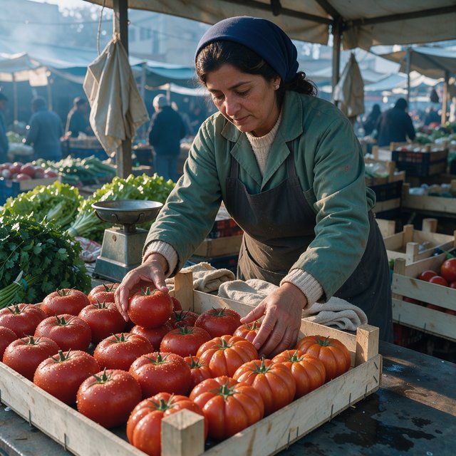 Candid documentary photograph of an adult market vendor arranging ripe tomatoes at an outdoor produce stall, cool early-morning side light, 50mm lens with shallow depth of field, condensation droplets beading on the tomato skins. — FLUX 3 Image