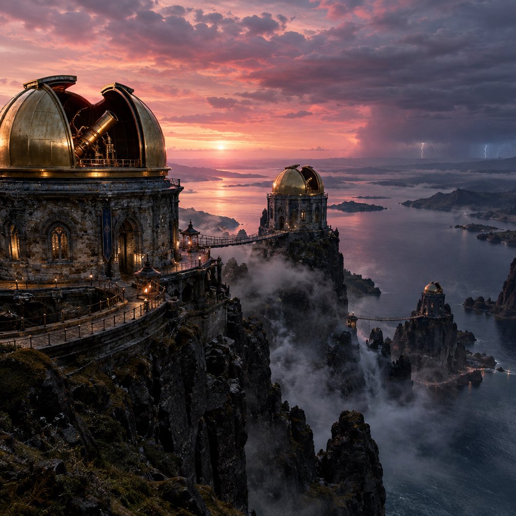 A wind-carved observatory crowns black cliffs above a silver inland sea, its open brass domes catching the last rose light. Salt mist drifts through suspended bridges as distant storms flicker beyond the horizon. — GPT Image 2.5 Flare