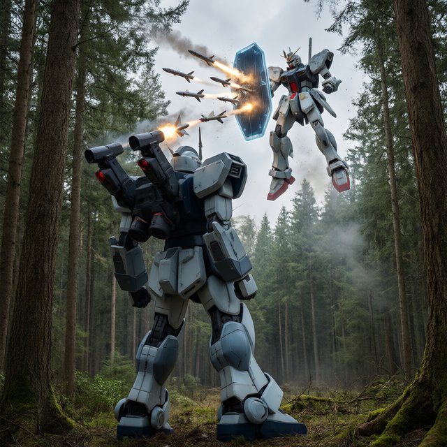 A dramatic cinematic scene of a towering 20-meter futuristic mecha standing in a dense forest, viewed from behind as the main focus. Its design is sleek, angular, and elegant, with a classic retro-futurist Japanese mecha aesthetic. Shoulder missile pods fire a volley of missiles toward an enemy mecha of a different but similarly styled design. The enemy mecha hovers in the air ahead, blocking the incoming missiles with a large arm-mounted energy shield. Dynamic action, smoke trails, forest scale, and intense battle atmosphere. — Qwen Image 3.0