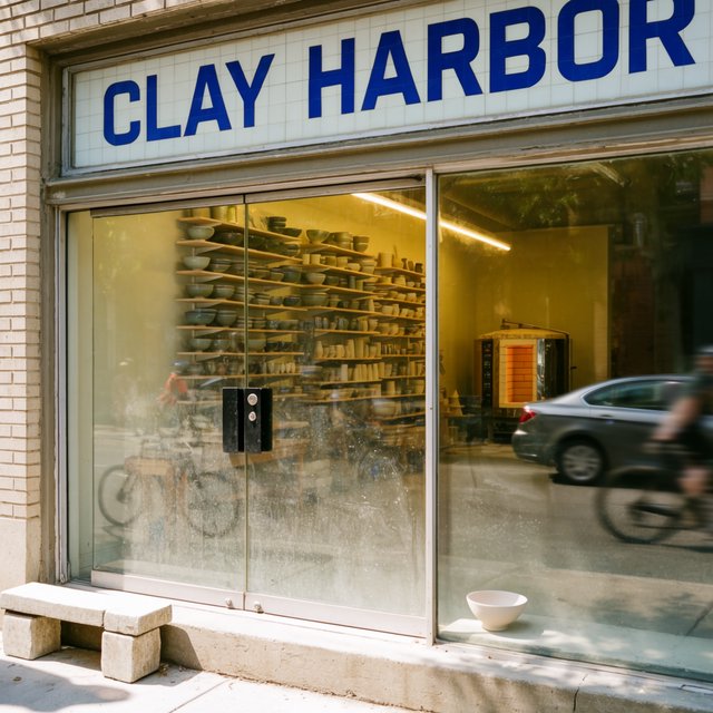 A sunlit ceramicist's studio storefront displays glazed bowls behind dusty glass doors; "CLAY HARBOR" is printed in cobalt-blue block letters across a cream tile transom above the entrance, with kiln warmth glowing inside. — Krea 2 Large