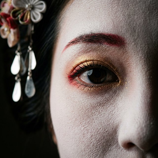 Extreme close-up macro photography of a Geisha's face. The focus is on her eyes, revealing intense emotion and hyper-realistic detail. Her skin is covered in traditional white 'Oshiroi' makeup, showing subtle, realistic cracking and skin texture. Dramatic Chiaroscuro lighting with deep shadows and a single soft light source highlighting the shimmer in her golden eyeshadow and the wetness of her eyes. Ornate kanzashi (hair ornaments) visible in the blurred periphery with intricate silk flowers and dangling silver petals. Cinematic composition, shot on 100mm macro lens, incredibly detailed eyelashes and iris patterns. — Model 15