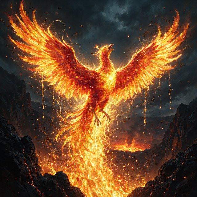 A majestic phoenix rising from a cascade of molten gold and shimmering embers against a backdrop of a dark, volcanic caldera. Its feathers are ablaze with brilliant oranges, reds, and fiery yellows. The air around it crackles with heat and energy. Style: Epic fantasy art with dynamic composition and vibrant color contrast — Seedream 5.0 Pro